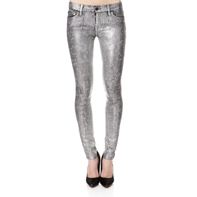 7 For All Mankind Women's Silver Metallic Skinny Cotton Blend Jeans 28" Leg