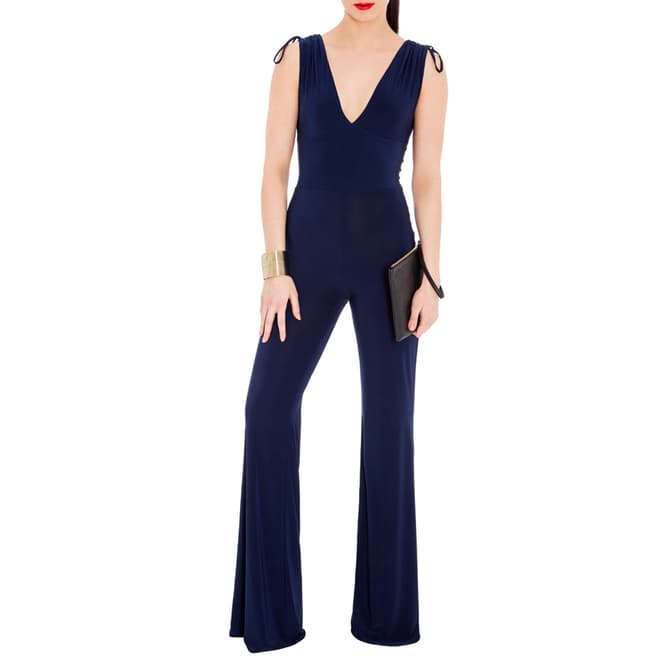 Goddiva Navy Deep V Neck Jumpsuit