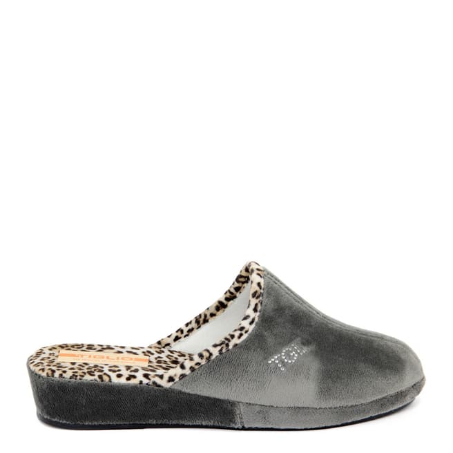 Tiglio Womens Grey Velvet Leopard Print Wedge Mule Slippers Heel 3cm