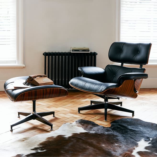 Wallace Sacks Black Leather Eames Inspired Lounge Chair and Ottoman