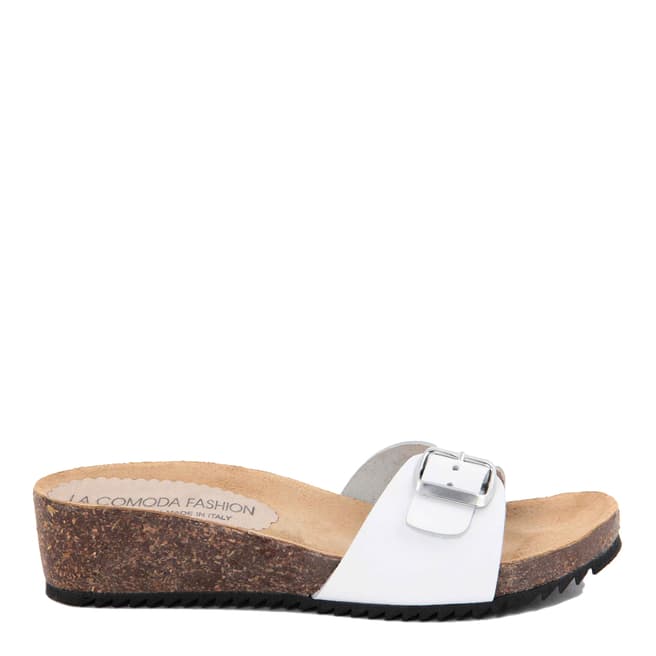 La Comoda White Leather Buckle Front Slip On Sandals