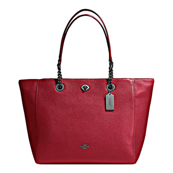 Coach Red Polished Pebble Leather Turnlock Chain Tote