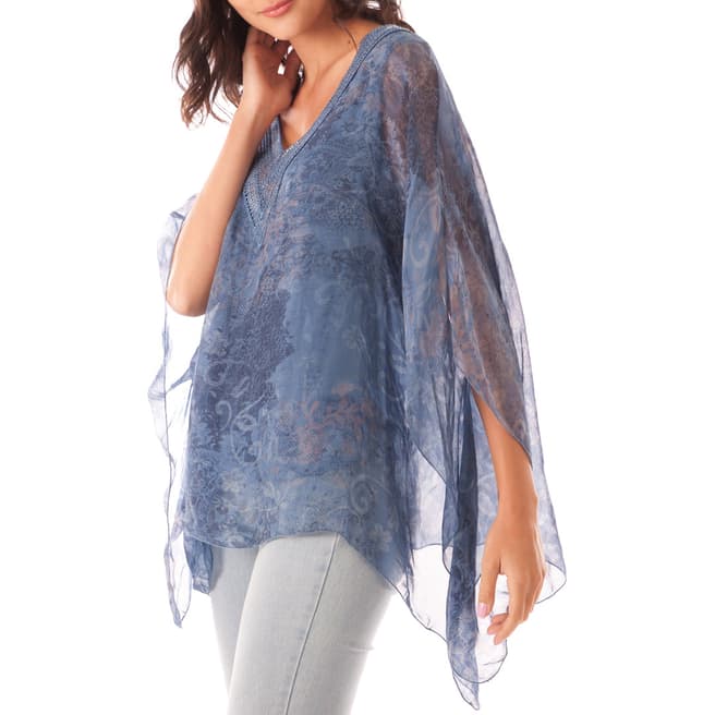 100% Silk Indigo Printed Floaty Sleeve Silk Top