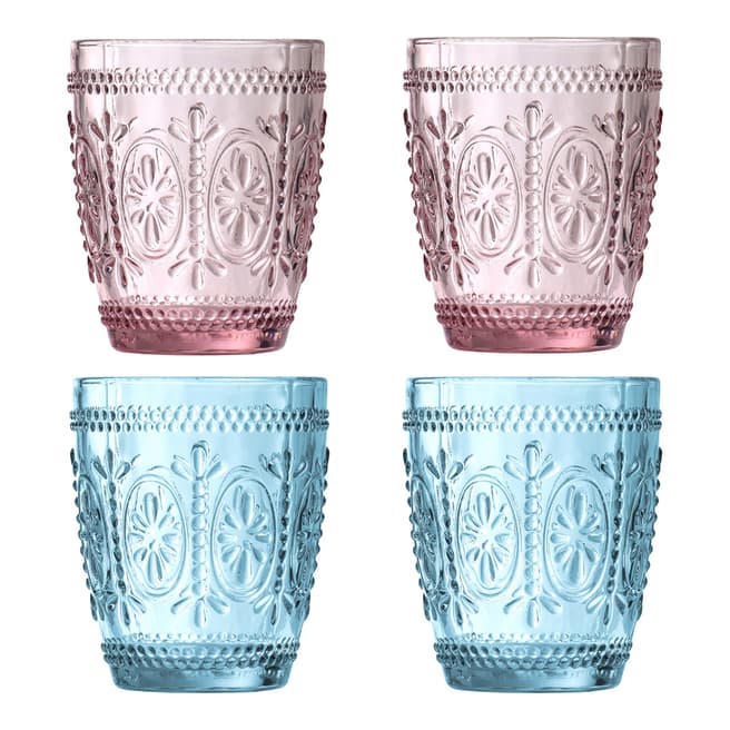 Premier Fleur Glass Set of 4  Pink/Blue Embossed Glass Tumblers  280ml