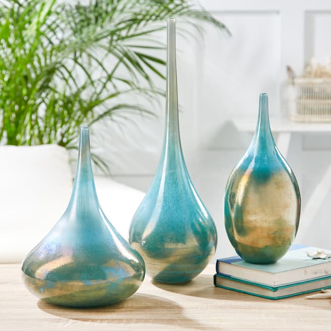 Tozai Set of 2 Teardrop Gold/Turquoise Vases