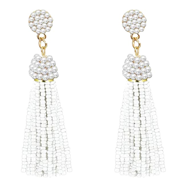 Liv Oliver 18K Gold Plated White Bead Tassel Statement Earrings