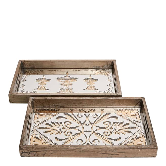 The Vintage Garden Room Set of 2 Natural Wood Mirrored Serving Trays