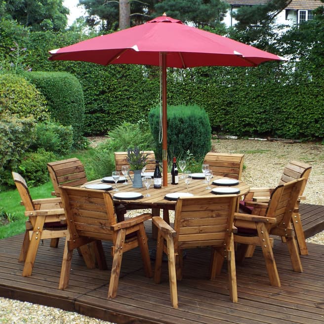 Charles Taylor Eight Seater Round Table Set with Burgundy Cushions, Parasol and Base