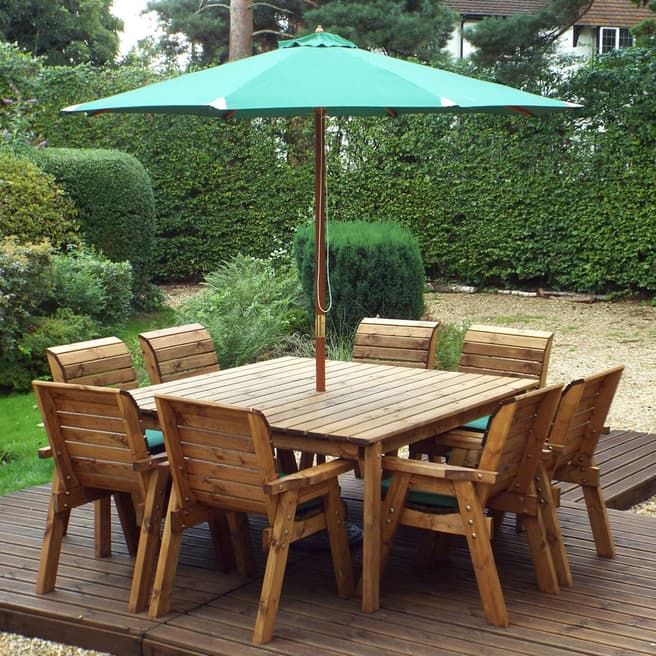 Charles Taylor Eight Seater Square Table Set with Green Cushions, Parasol and Base