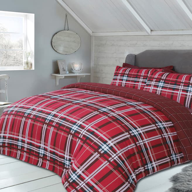 Sleepdown Tartan Check Single Duvet Cover Set, Red