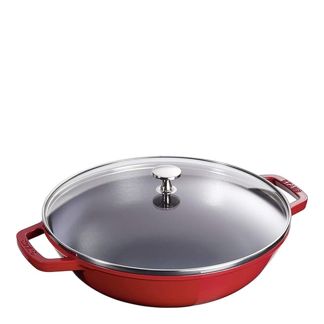 Staub Cherry Round Cast Wok with Glass Lid, 30cm