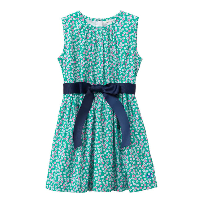 Crew Clothing Girl's Green & Pink Sleeveless Floral Dress With Tie Waist