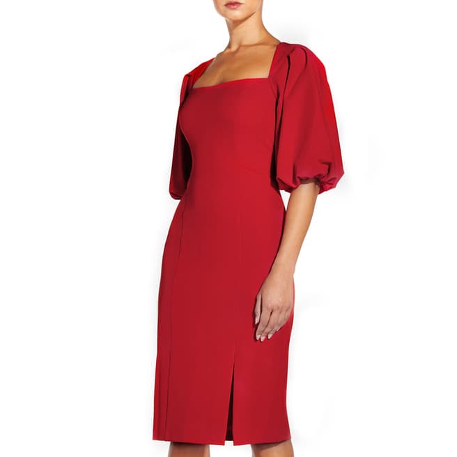 Aidan Mattox Red Puff Sleeve Midi Dress