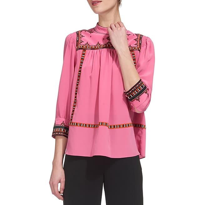 WHISTLES Pink Avery Embroidery Silk Top