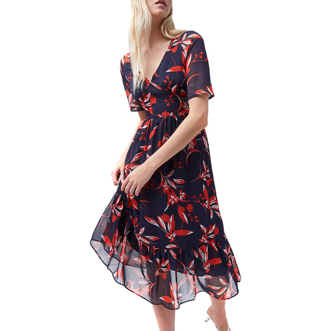 French Connection Navy Floral Eliva V Neck Midi Dress