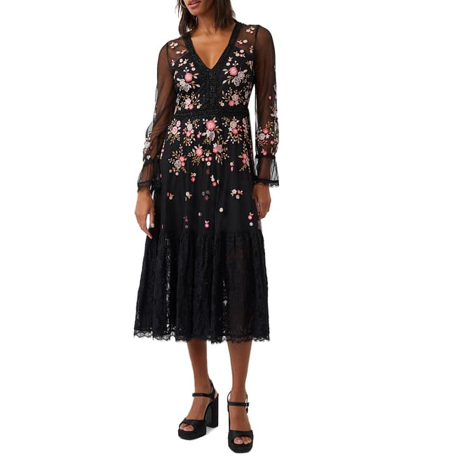 French Connection Black Floral Eve Embroidered Midi Dress