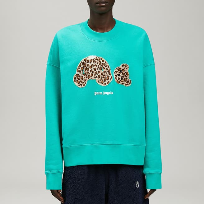 Palm Angels Turquoise Leopard Teddy Print Jumper