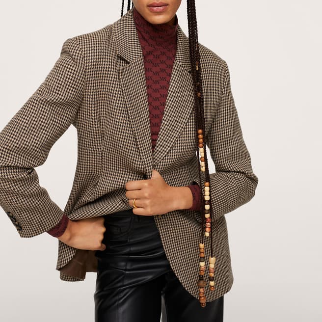 Mango Brown Checked Wool Blend Tailored Blazer