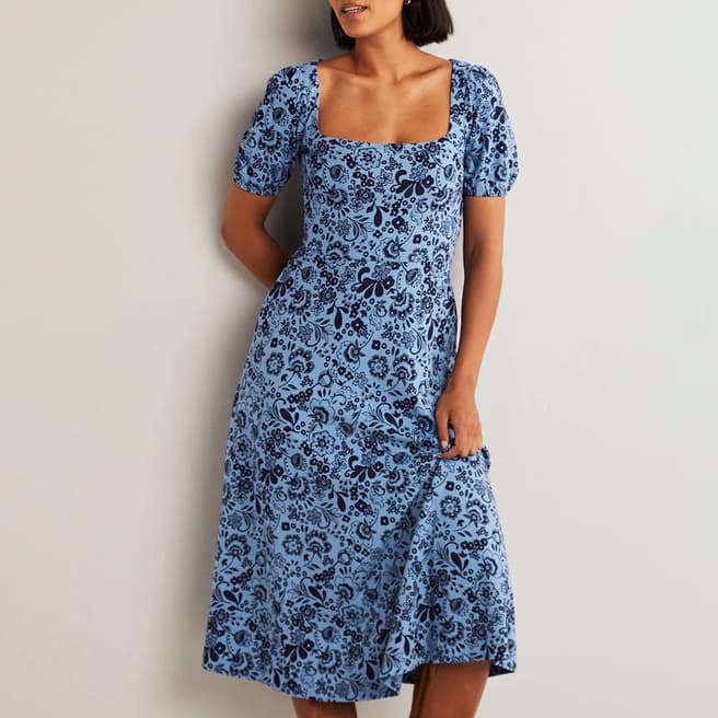 Boden Blue Floral Short Sleeve Jersey Midi Dress