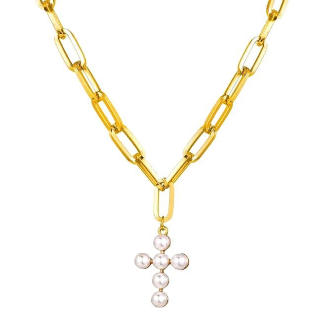 Chloe Collection by Liv Oliver 18K Gold Chain Link & Pearl Cross Necklace