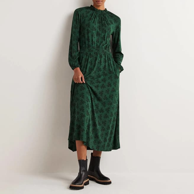 Boden Green Ruffle Neck Jersey Midi Dress