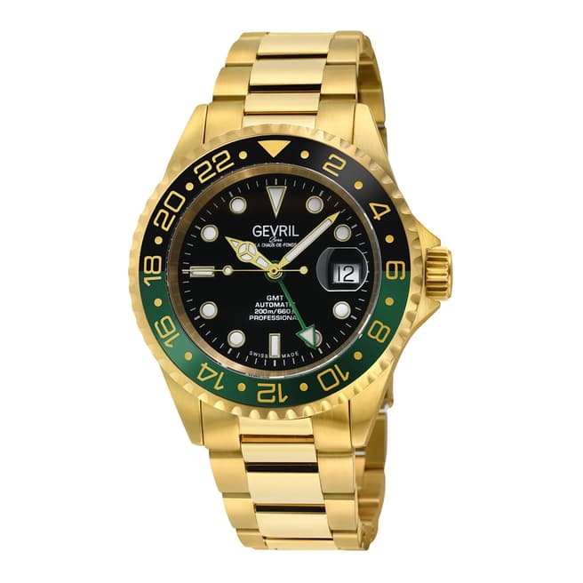 Gevril Men's Black/Gold Wall Street Ceramic Bezel Watch 43mm