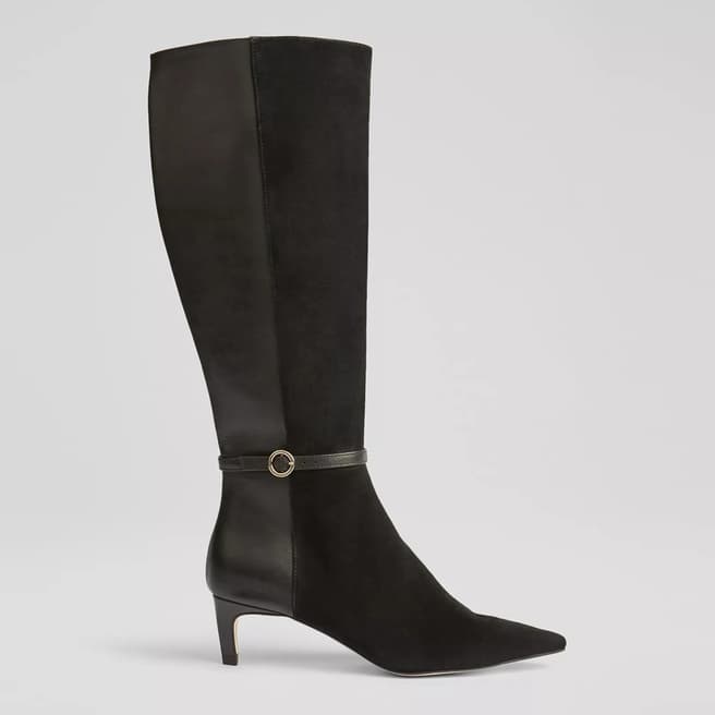 L K Bennett Black  Darla Suede and Leather Round Buckle Knee High Boots