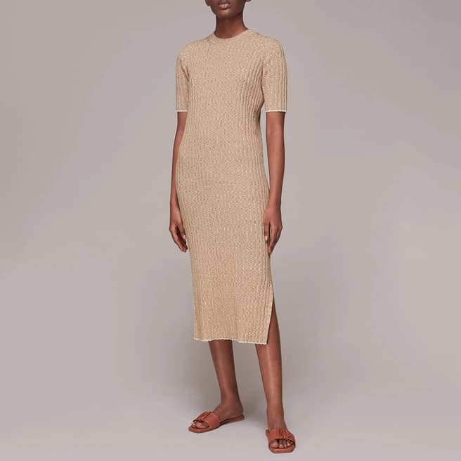 WHISTLES Camel Eva Rib Knit Midi Dress