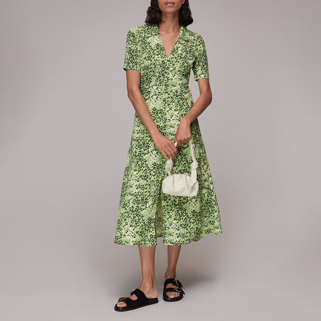 WHISTLES Green Animal Print Midi Shirt Dress