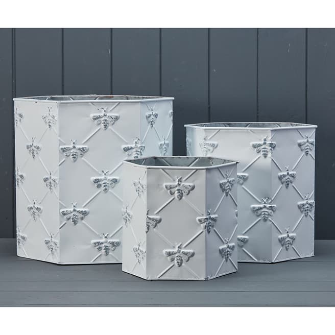 The Satchville Gift Company Set Of Three White Hexagonal Zinc Bee Planters