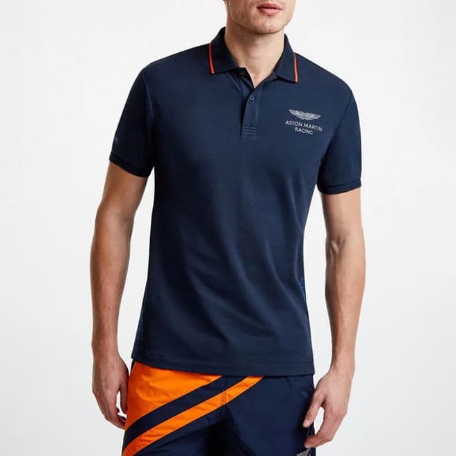 Hackett London Navy Amr Short Sleeve Cotton Blend Polo Shirt