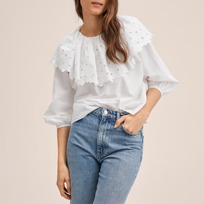 Mango White Ruffle Cotton Blouse