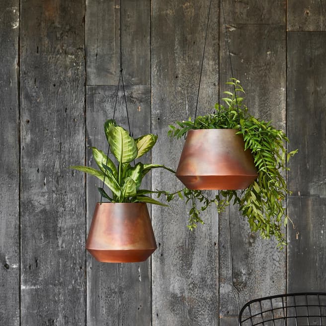 Ivyline Indoor Soho Aged Copper Hanging Planter with Leather Strap