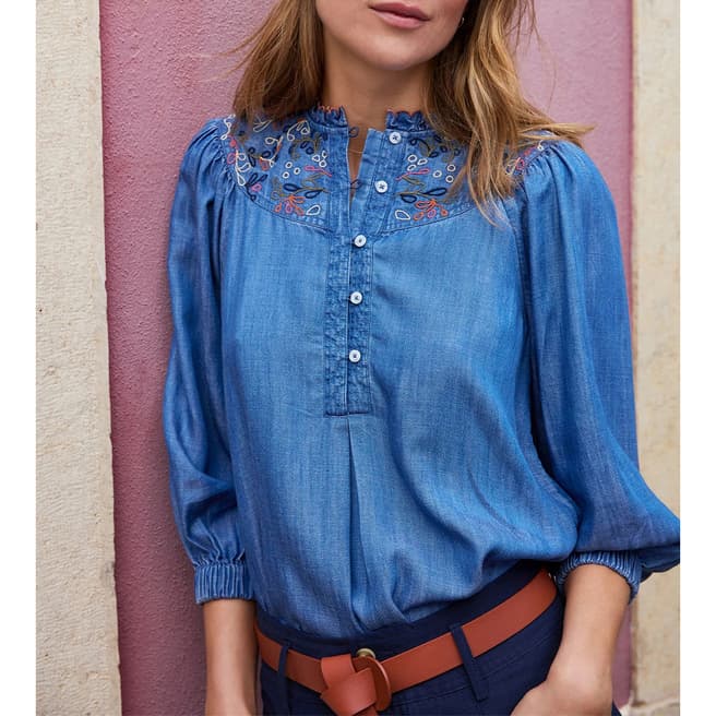 Wyse Denim Blue Emily Embroidered Blouse