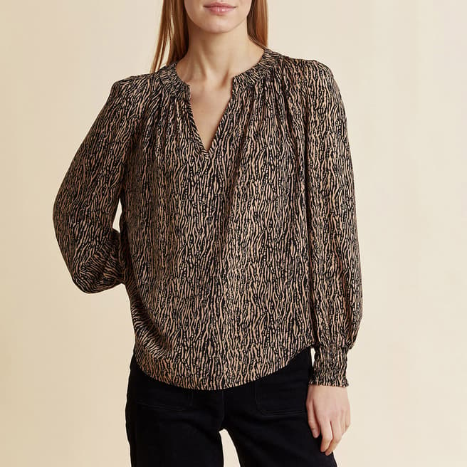 Albaray Black/Brown Textured Animal Shirred Blouse