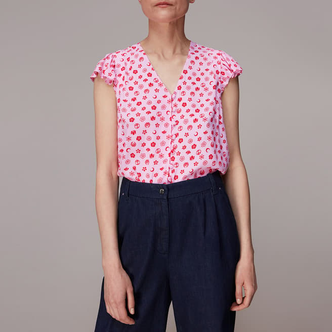 WHISTLES Pink Floral Frill Sleeve Top