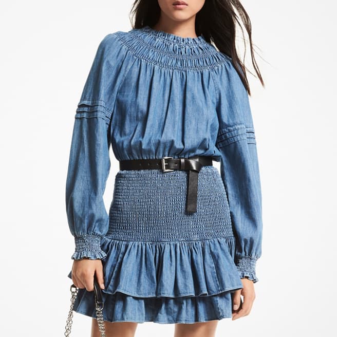 Michael Kors Blue Cotton Smocked Mini Dress