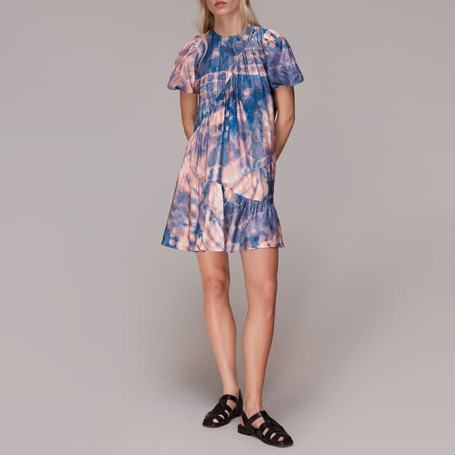 WHISTLES Blue Tie Dye Trapeze Silk Blend Dress