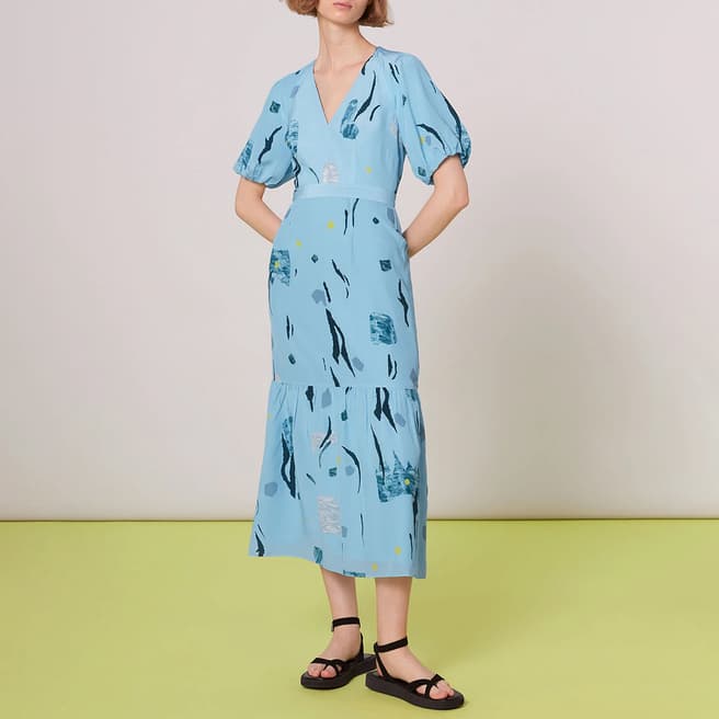 WHISTLES Blue Abstract Print Silk Dress