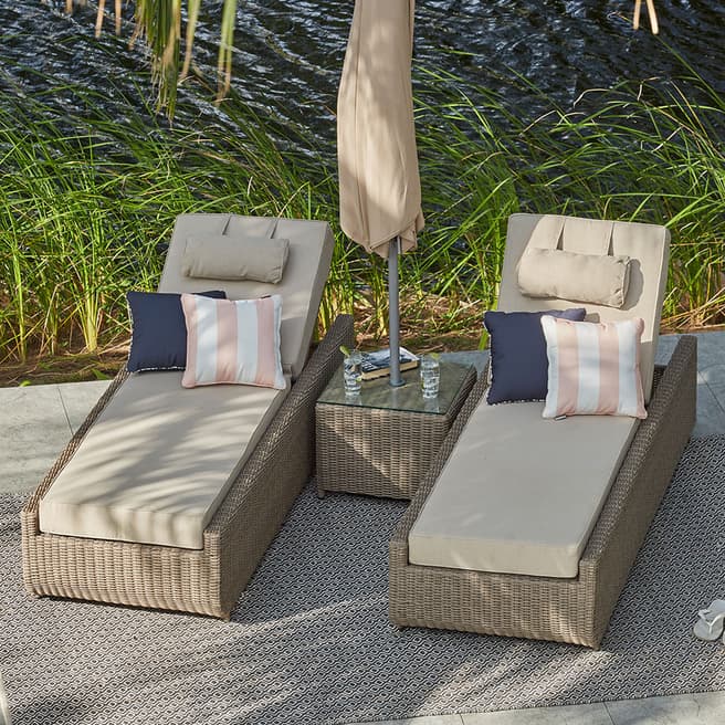 Moda Vida 2 x Sunloungers with Side Table & Parasol, Natural