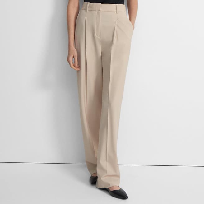 Theory Cream Wide Leg Pleated Cashmere Blend Trousers