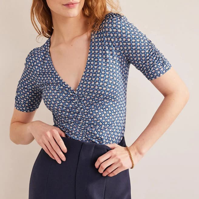 Boden Blue Ruched Front Printed Top