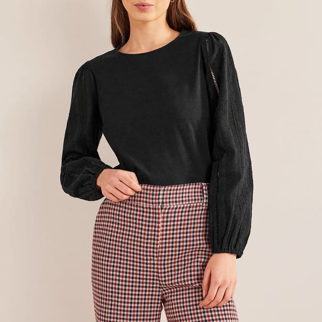 Boden Black Cotton Broderie Sleeve Top