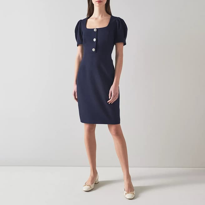 L K Bennett Navy Marianne Button Detail Cotton Dress