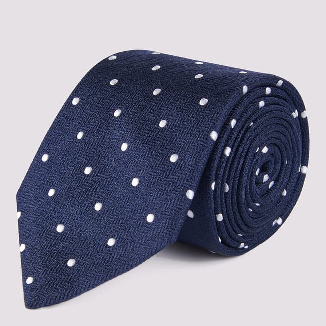 Duchamp Navy Herringbone Polka Dot Silk Tie