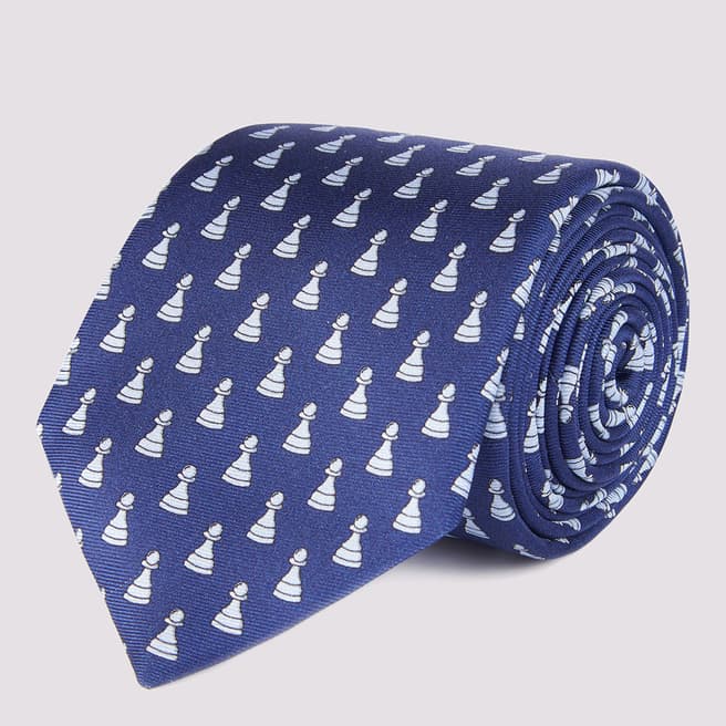 Duchamp Dark Blue Chess Piece Print Silk Tie