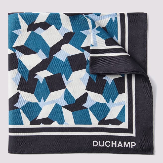 Duchamp Navy Printed Silk Pocket Square