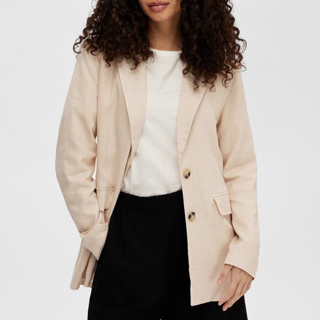 Selected Femme Sand Viva Single Breasted Linen Blend Blazer