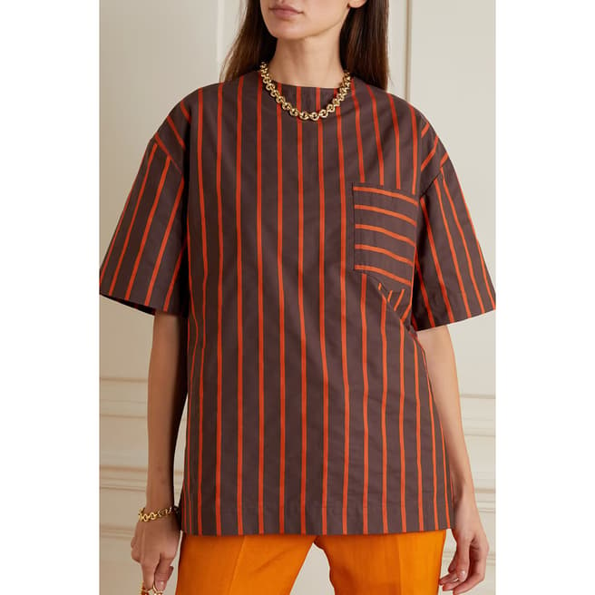 Victoria Beckham Mocha/Orange Striped Oversized Cotton Top