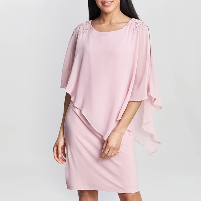 Gina Bacconi Pink Zenna Beaded Shoulder Chiffon Dress